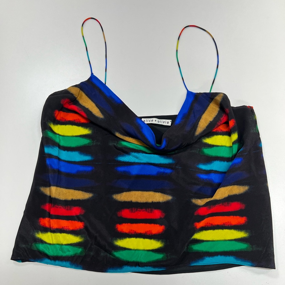 Alice + Olivia Harmon Silk Rainbow Stripe Tank Top Cowl Neck - Picture 2 of 16